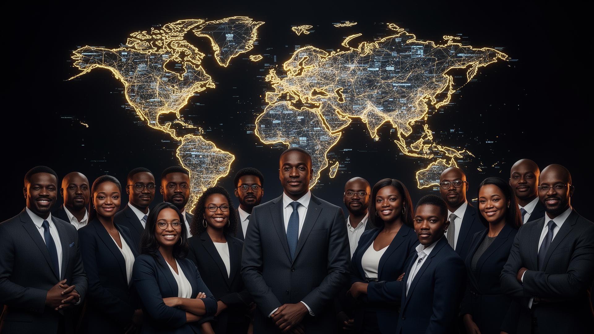 Black AI leaders standing before a global data map